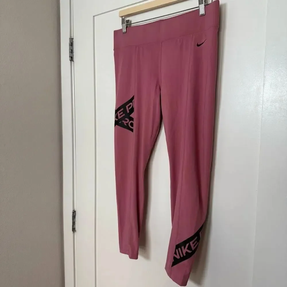 Nike Dri Fit Leggings Womens Sz XL Pink Logo Ankle Athleisure Workout Gym Yoga